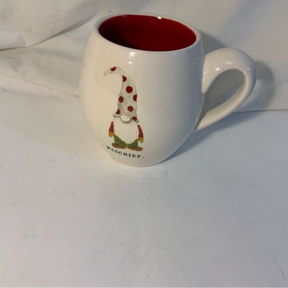 Rae Dunn MISCHIEF Gnome Mug Ivory With Red Interior Ceramic Christmas Holiday - Picture 1 of 5